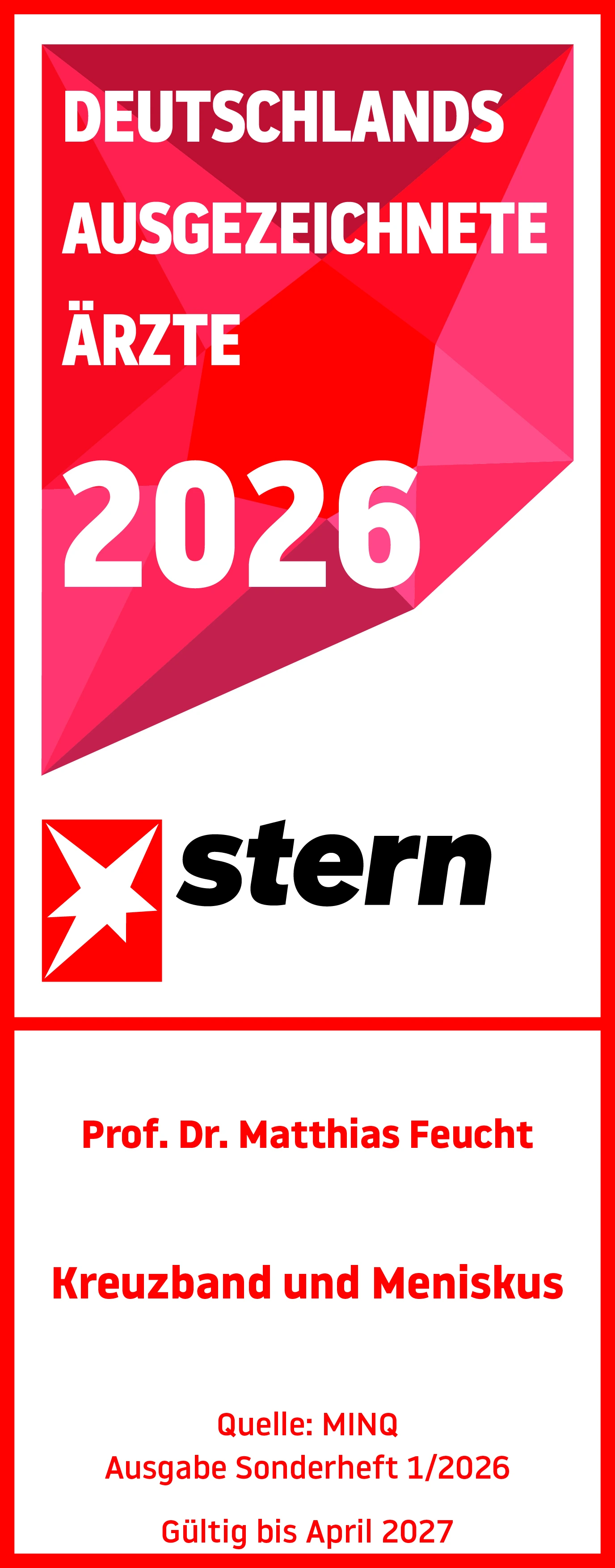 Prof. Dr. Matthias Feucht zählt zu Deutschlands ausgezeichneten Ärzten 2026